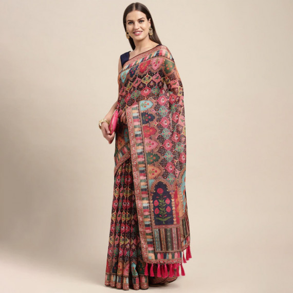 https://zenfashion.in/products/peach-coloured-multicoloured-kalamkari-sequinned-linen-blend-block-print-saree