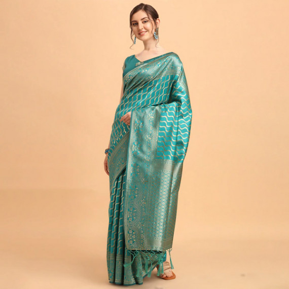 https://zenfashion.in/products/green-gold-toned-silk-blend-fusion-leheriya-saree